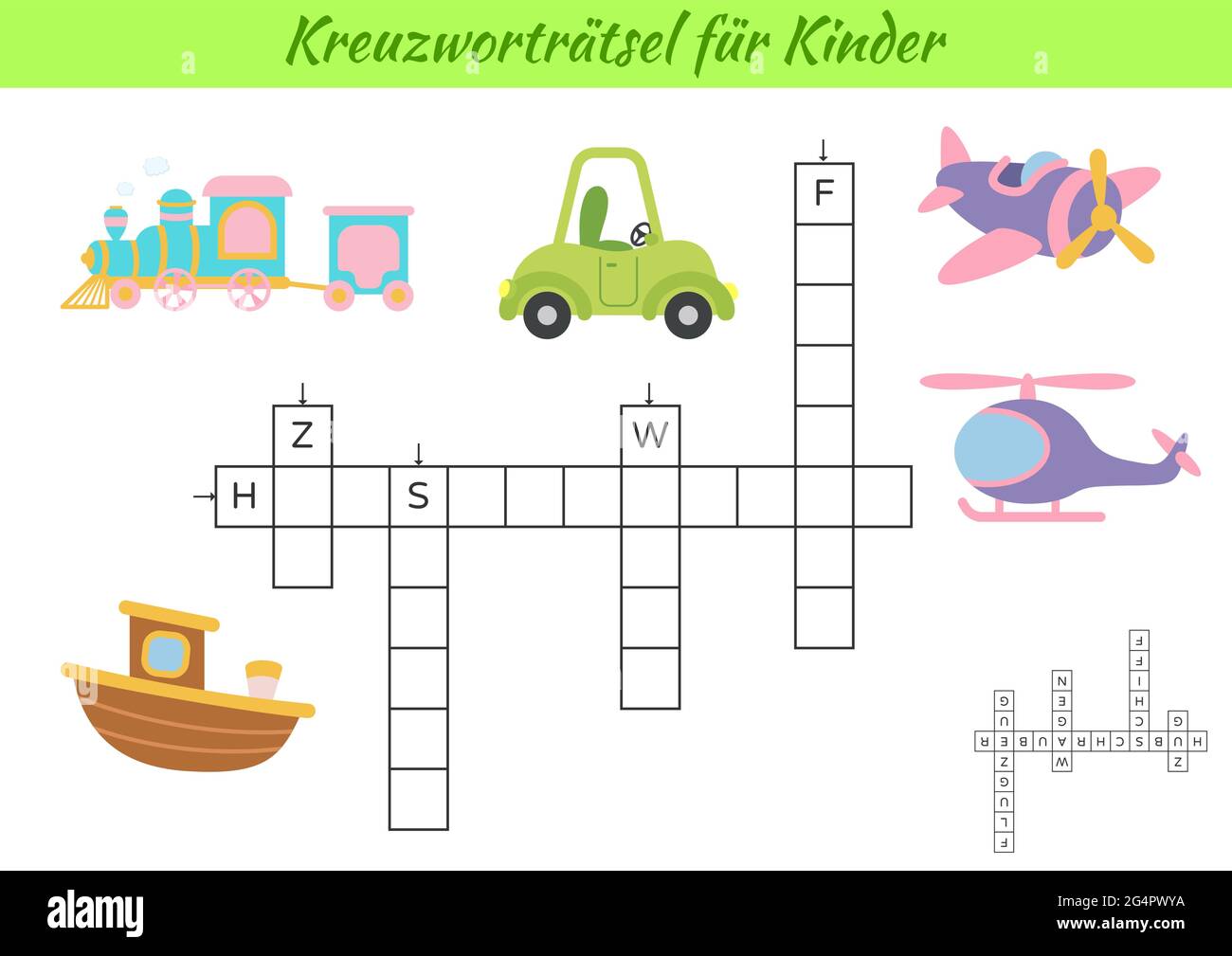 Mots croisés pour les enfants en allemand avec des photos de transport. Jeu éducatif pour étudier la langue et les mots allemands. Feuille de travail imprimable de l'activité enfants. Illustration de Vecteur
