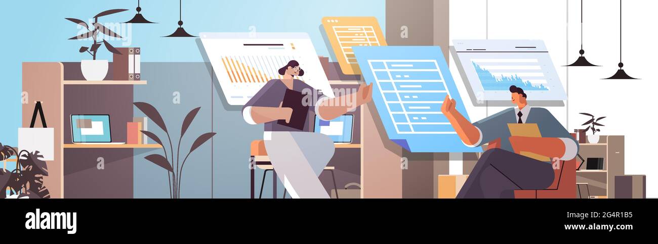 l'équipe d'hommes d'affaires analyse les données statistiques sur les cartes virtuelles travail d'équipe réussi concept intérieur de bureau Illustration de Vecteur