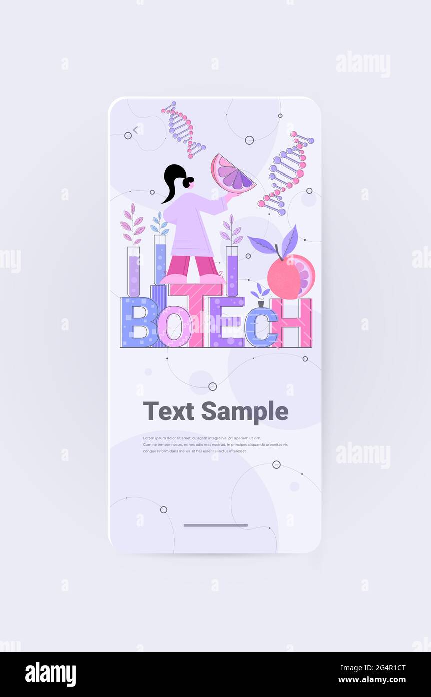 Un scientifique travaillant avec un chercheur en ADN faisant des expériences sur les fruits en laboratoire tests ADN génie génétique biotechnologie Illustration de Vecteur