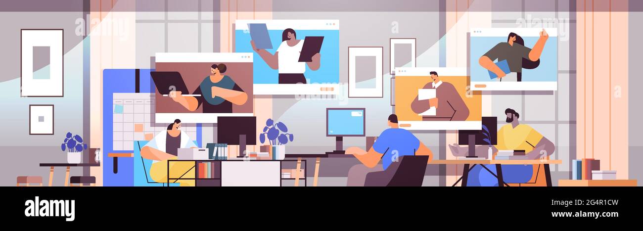 les hommes d'affaires discutent avec leurs collègues dans les fenêtres du navigateur web pendant les appels vidéo Illustration de Vecteur