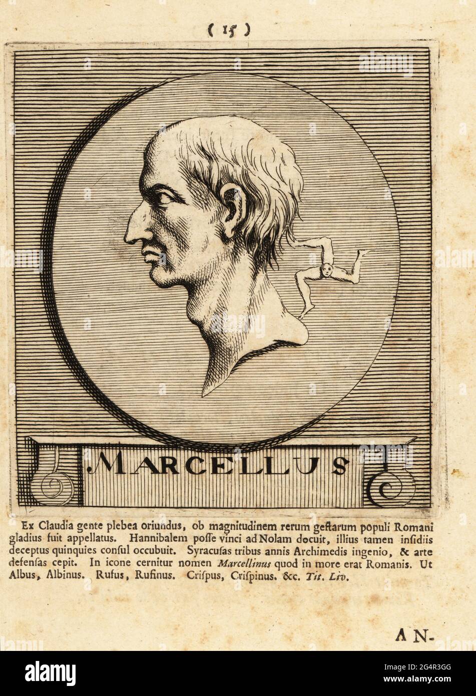 Marcus Claudius Marcellus, chef militaire romain, c. 270 – 208 C.-B. Consul de la République romaine, vainqueur de la spolia opima pour avoir tué Viridomarus à la bataille de Clastidium, conquérant de Syracuse. Montré avec les bras de la Sicile. Gravure sur plaque de coperplate par Pieter Bodart (1676-1712) de Henricus Soud's Deorum et Heroum, Vicorum et Mulierum Illastrium imagines Antiquae Illastatae, Dieux et héros, hommes et femmes, illustré avec des images anciennes, Petrum, Amsterdam, 1715. Publié pour la première fois sous le nom de Favissæ utriusque antiquitatis tam Romanæ quam Græcæ en 1707. Henricus SPoor était un médecin néerlandais, classica Banque D'Images