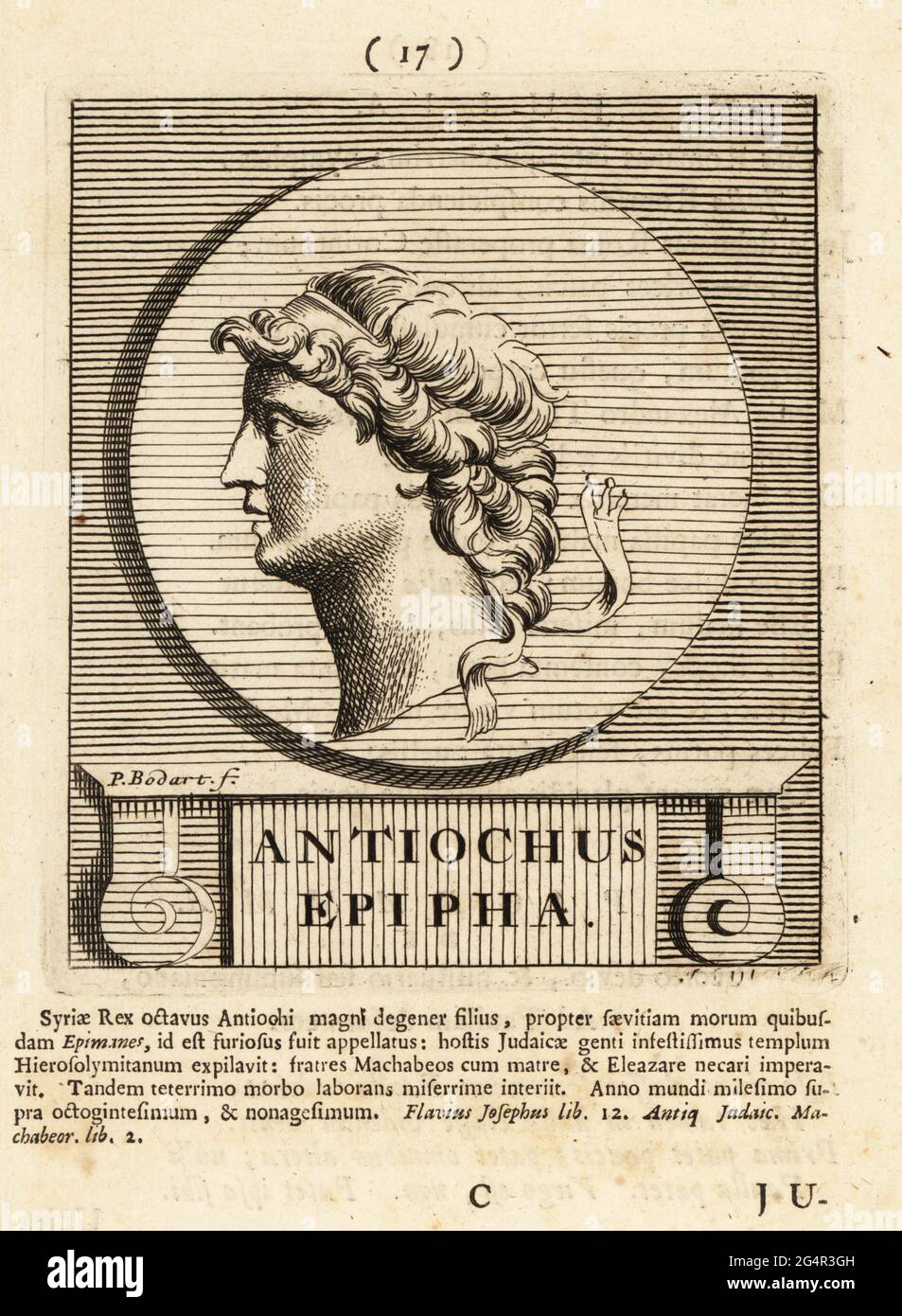 Epiphanes Antiochus IV (appelés Epimanes, le Mad), c. 215-164 av. J.-C., roi hellénistique de l'Empire Séleucide. Connu pour sa persécution des Juifs de Judée et de Samarie. Antiochus Epipha. Gravure sur plaque de coperplate par Pieter Bodart (1676-1712) de Henricus Soud's Deorum et Heroum, Vicorum et Mulierum Illastrium imagines Antiquae Illastatae, Dieux et héros, hommes et femmes, illustré avec des images anciennes, Petrum, Amsterdam, 1715. Publié pour la première fois sous le nom de Favissæ utriusque antiquitatis tam Romanæ quam Græcæ en 1707. Henricus Spoor était médecin néerlandais, érudit classique, poète et écrivain, fl. 1694-1716. Banque D'Images