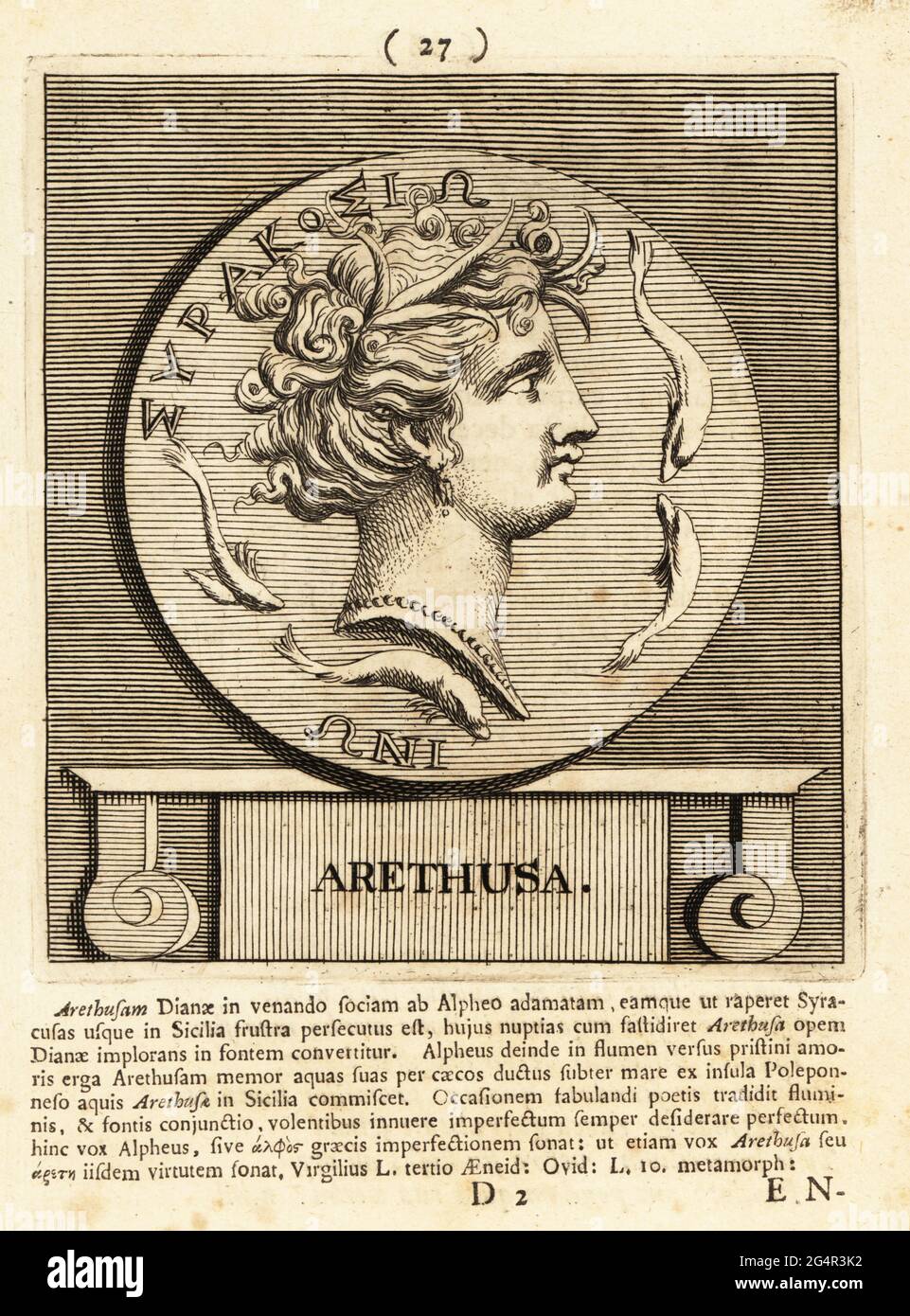 Arethusa, nymphe et fille de Nereus qui s'enfuit de sa maison à Arcadia sous la mer et est venu comme une fontaine d'eau douce sur l'île d'Ortygia à Syracuse, en Sicile. Gravure sur plaque de coperplate par Pieter Bodart (1676-1712) de Henricus Soud's Deorum et Heroum, Vicorum et Mulierum Illastrium imagines Antiquae Illastatae, Dieux et héros, hommes et femmes, illustré avec des images anciennes, Petrum, Amsterdam, 1715. Publié pour la première fois sous le nom de Favissæ utriusque antiquitatis tam Romanæ quam Græcæ en 1707. Henricus Spoor était médecin néerlandais, érudit classique, poète et écrivain, fl. 1694-1716. Banque D'Images