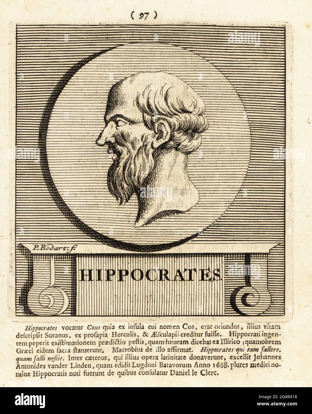 Hippocrate de Kos, c. 460 – c. 370 av. J.-C., Hippocrate II, médecin grec de l'âge des Pericles, le Père de la médecine. Gravure sur plaque de coperplate par Pieter Bodart (1676-1712) de Henricus Soud's Deorum et Heroum, Vicorum et Mulierum Illastrium imagines Antiquae Illastatae, Dieux et héros, hommes et femmes, illustré avec des images anciennes, Petrum, Amsterdam, 1715. Publié pour la première fois sous le nom de Favissæ utriusque antiquitatis tam Romanæ quam Græcæ en 1707. Henricus Spoor était médecin néerlandais, érudit classique, poète et écrivain, fl. 1694-1716. Banque D'Images