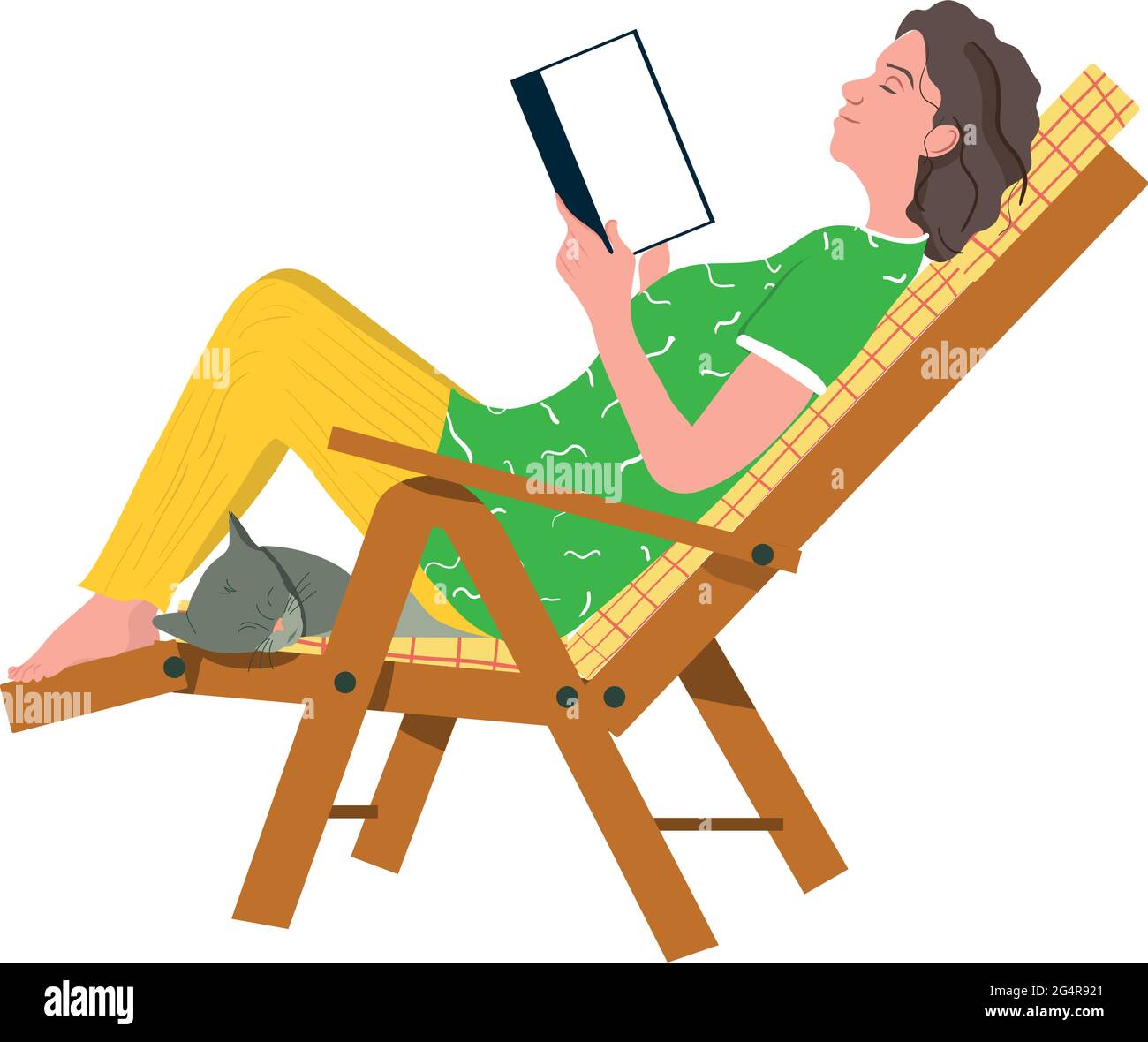 Bonne femme lisant un livre assis avec chat - illustration vectorielle isolée sur fond blanc Illustration de Vecteur
