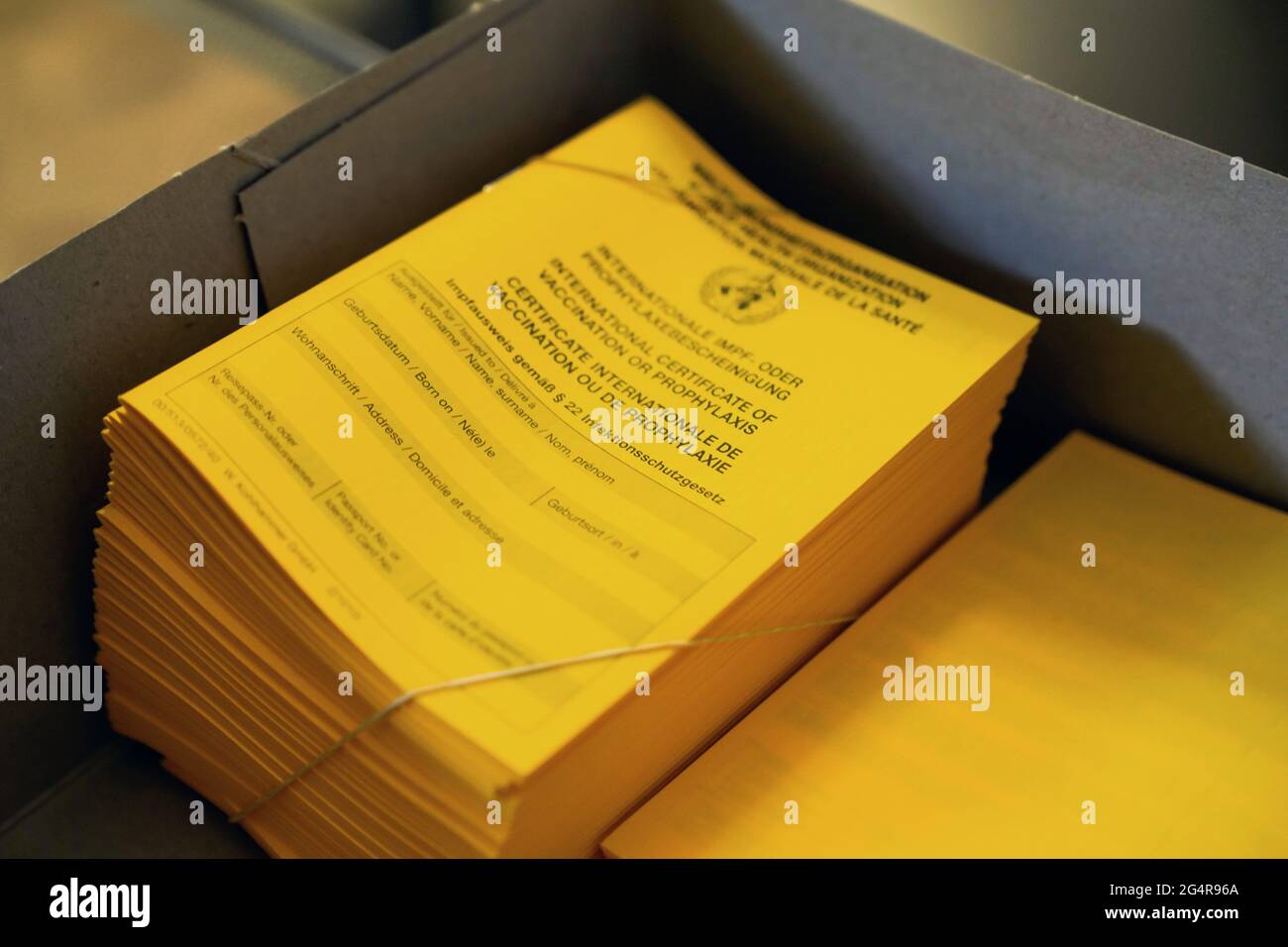 In der katholischen Kirche St. Antonius in Castrop-Rauxel können sich am Mittwoch (19.05.2021) Patienten einer benachbarten Arztpraxis gegen Corona impfen lassen. (Foto: Impfpässe). Bis zu 60 Menschen pro Stunde sollen eine Corona-Schutzimpfung erhalten. Die Kirche ist damit eine der bundesweit ersten, die sich für eine solche Aktion zur Verfügung gestellt Hat. Banque D'Images