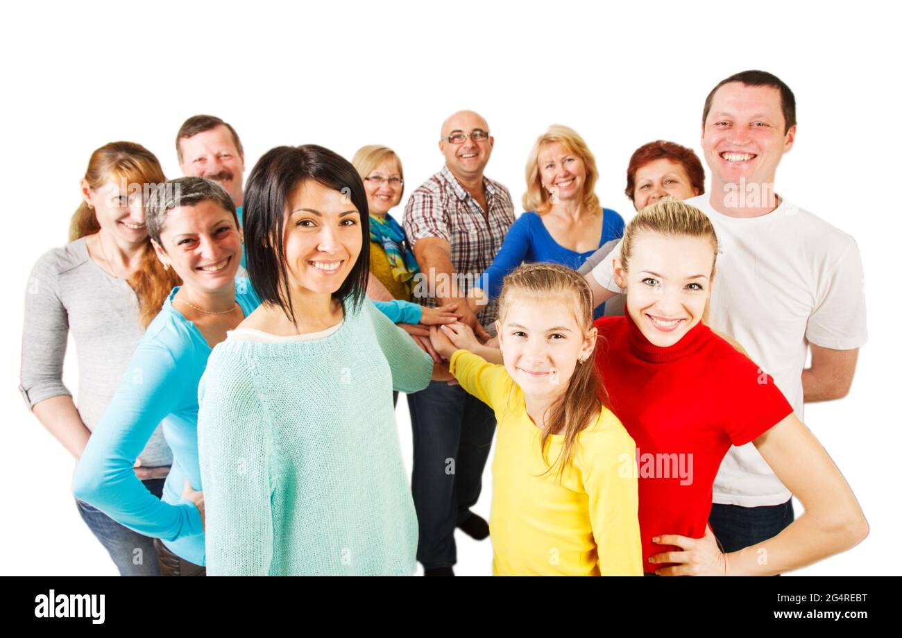 Grand groupe de gens heureux souriant et montrant l'unité. Banque D'Images