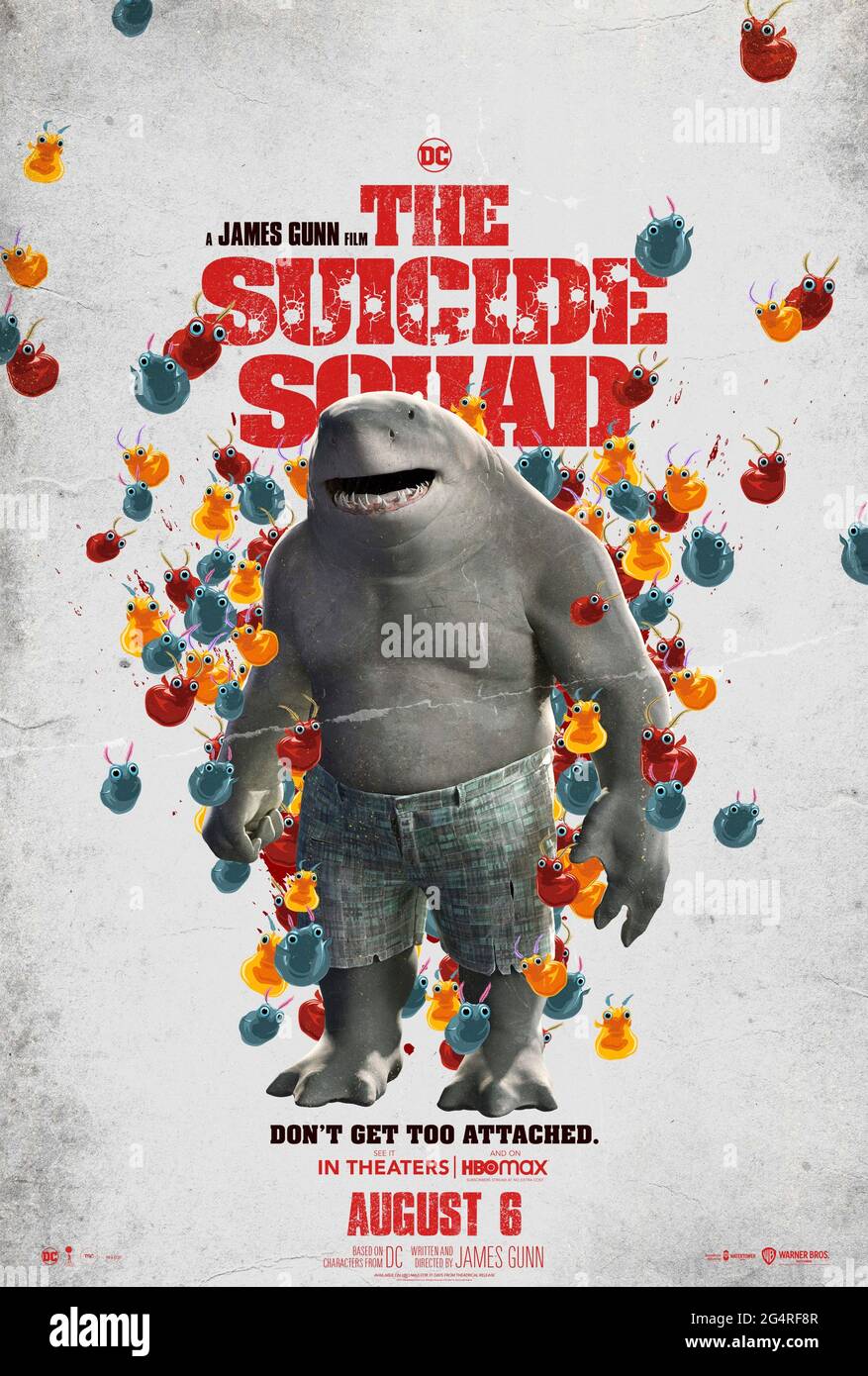 The suicide Squad (2021) dirigé par James Gunn et mettant en vedette Sylvester Stallone comme King Shark dans Jamie Gunn prendre sur un groupe de condamnés avec des pouvoirs spéciaux envoyés pour prendre sur une étoile télépathique appelée Starro. Banque D'Images