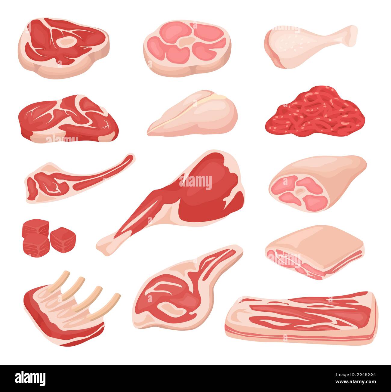 Viande fraîche de dessin animé. Bœuf cru, agneau, steak, côtelettes de porc, viande hachée, bacon. Ensemble vectoriel d'ingrédients de produits agricoles de cuisine variée. Boucherie ou magasin, repas pour barbecue ou grill Illustration de Vecteur