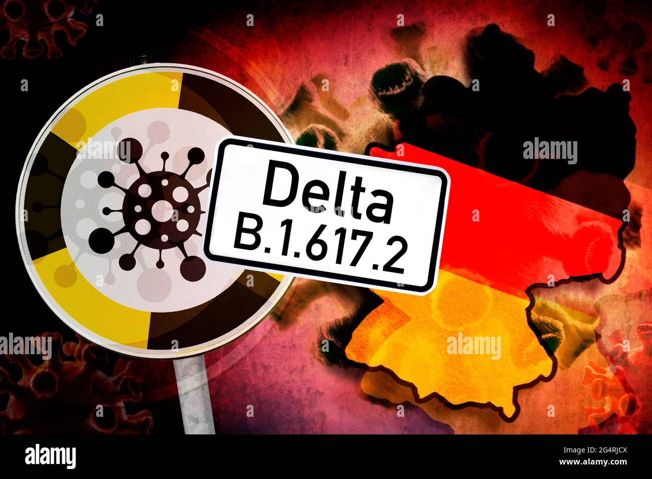 Virus Corona, signe d'avertissement et frontières allemandes, variante delta B.1.617.2 Banque D'Images
