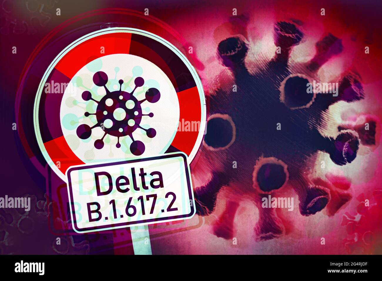 Virus Corona et signe d'avertissement, variante delta B.1.617.2 Banque D'Images