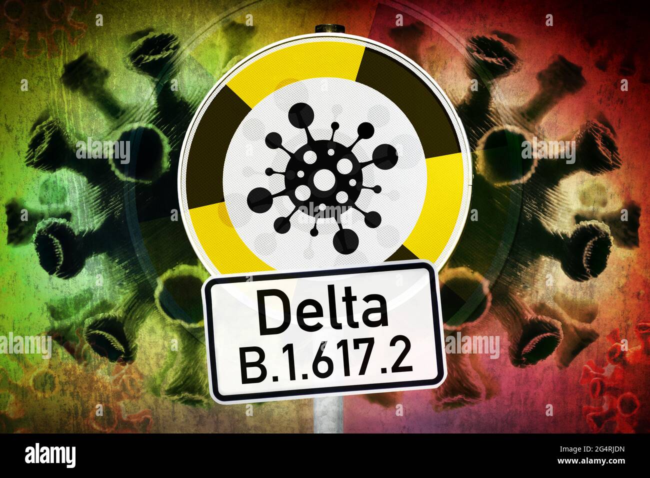 Virus Corona et signe d'avertissement, variante delta B.1.617.2 Banque D'Images