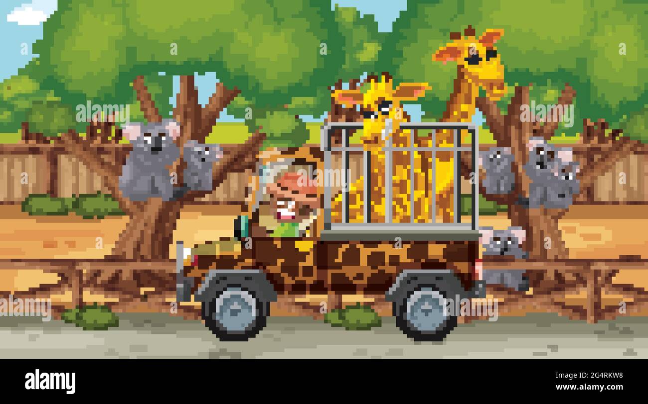 Scène Safari avec deux girafes dans une illustration de voiture en cage Illustration de Vecteur