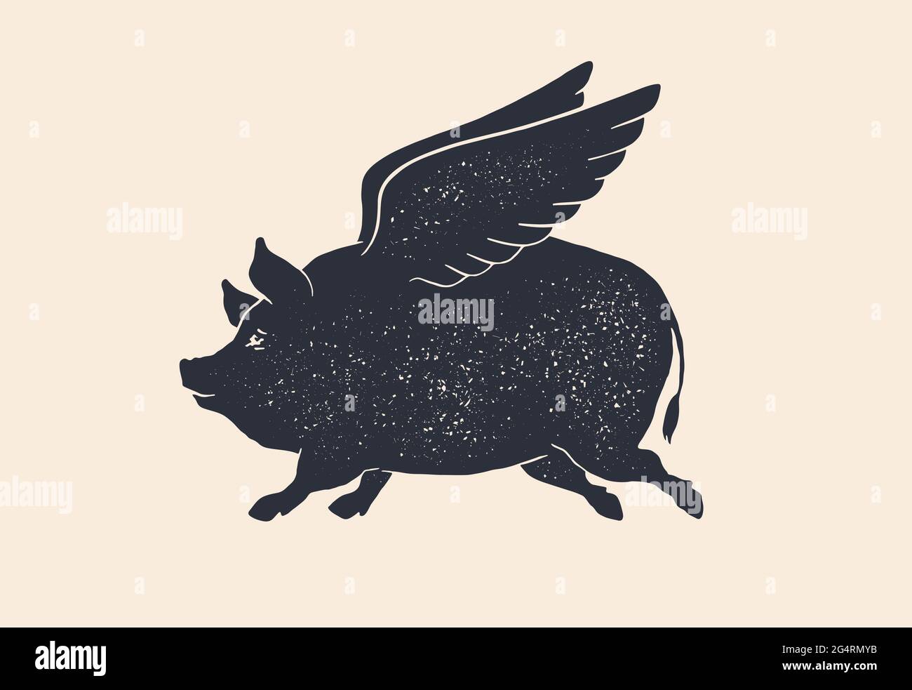 Angel piggy, cochon avec ailes. Imprimé rétro vintage, dessin de cochon de mouche noir blanc avec ailes, grunge style Old School. Cochon ange isolé de silhouette noire sur fond blanc. Illustration vectorielle Illustration de Vecteur