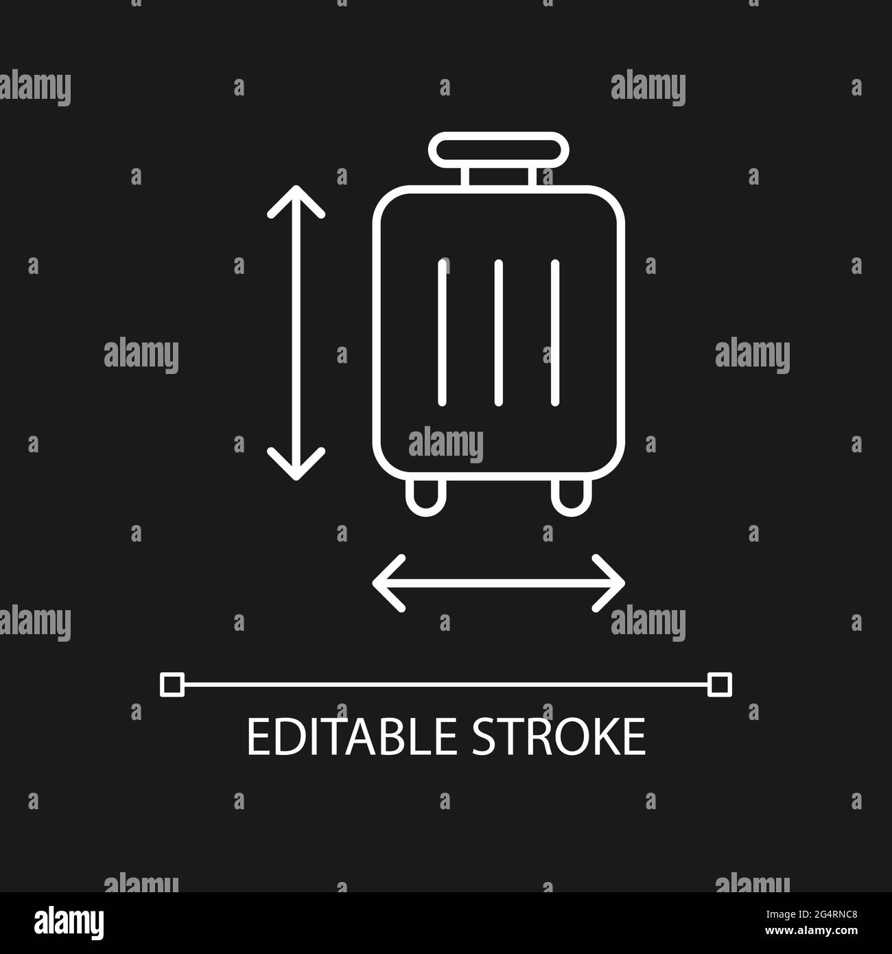 Taille des bagages icône linéaire blanche pour thème sombre. Mesure des bagages pour la réglementation aéroportuaire. Illustration personnalisable à lignes fines. Contour vectoriel isolé Illustration de Vecteur