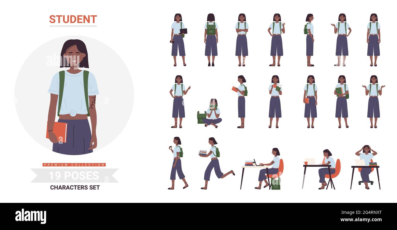 Afro-américaine étudiante noire pose un ensemble d'illustrations vectorielles. Caricature femme ado personnage debout, marchant ou courant avec des livres et un sac à dos, pensant à des tâches d'éducation, posant isolé Illustration de Vecteur