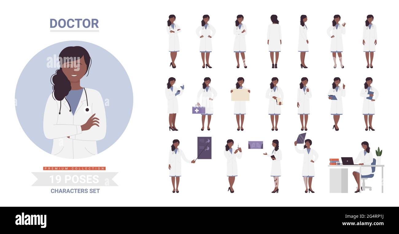 Afro-américain noir médecin pose jeu d'illustrations vectorielles. Caricature femme souriante personnage portant un sac médical uniforme stéthoscope travaillant, fille médecin personnel posant des postures de travail isolé Illustration de Vecteur
