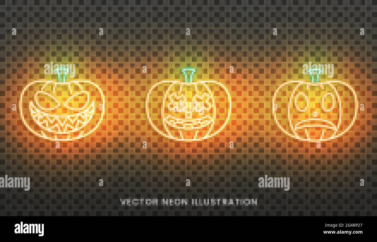 Panneau de citrouille au néon Halloween. Ensemble de lanternes lumineuses Jack O pour Halloween Illustration de Vecteur
