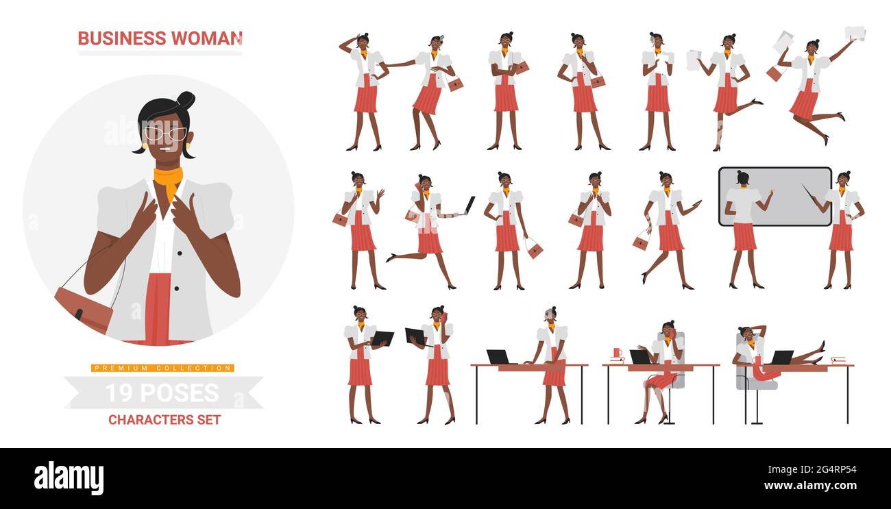 African american black business woman working poses infographie vector illustration set. Dessin animé plat occupé femme personnage travail d'affaires avec ordinateur portable étude différentes postures, standingrunning isolé Illustration de Vecteur