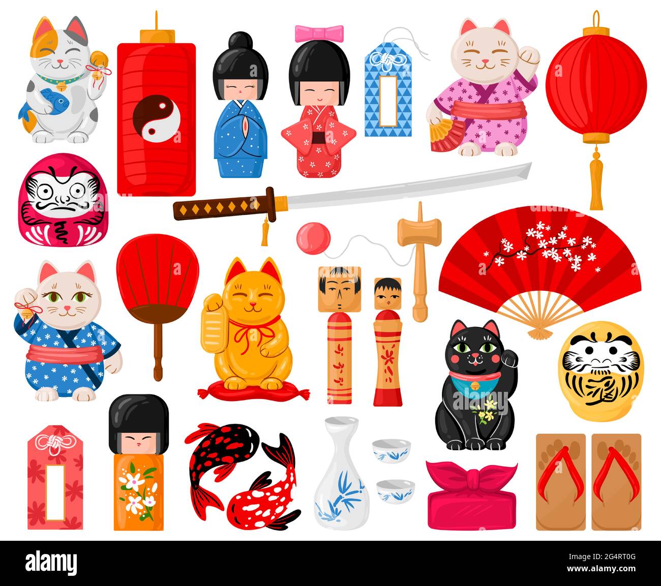 Symboles japonais de dessin animé. Jeu d'illustrations vectorielles de jouets traditionnels orientaux, maneki neko, omamori, daruma et kokeshi. La culture japonaise mignonne Illustration de Vecteur