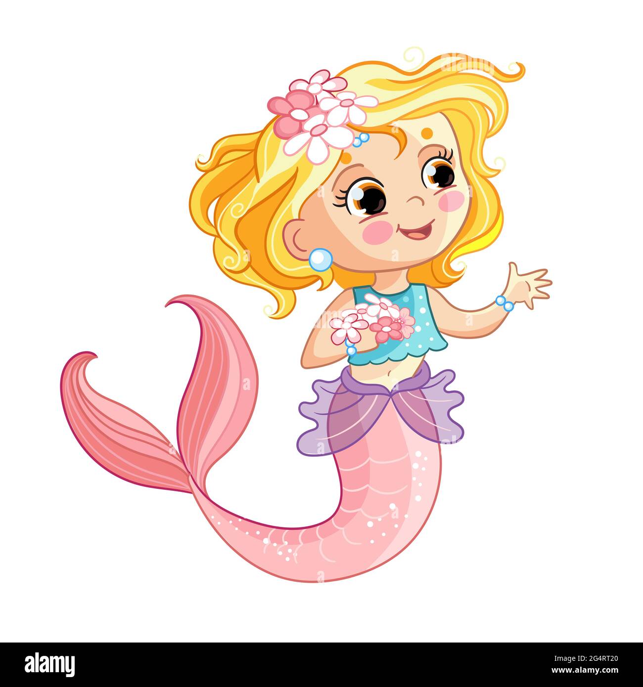 Mignonne blonde jeune sirène avec conte violet et fleurs. Personnage de dessin animé. Illustration vectorielle isolée sur fond blanc. Pour t-shirt, imprimé et de Illustration de Vecteur