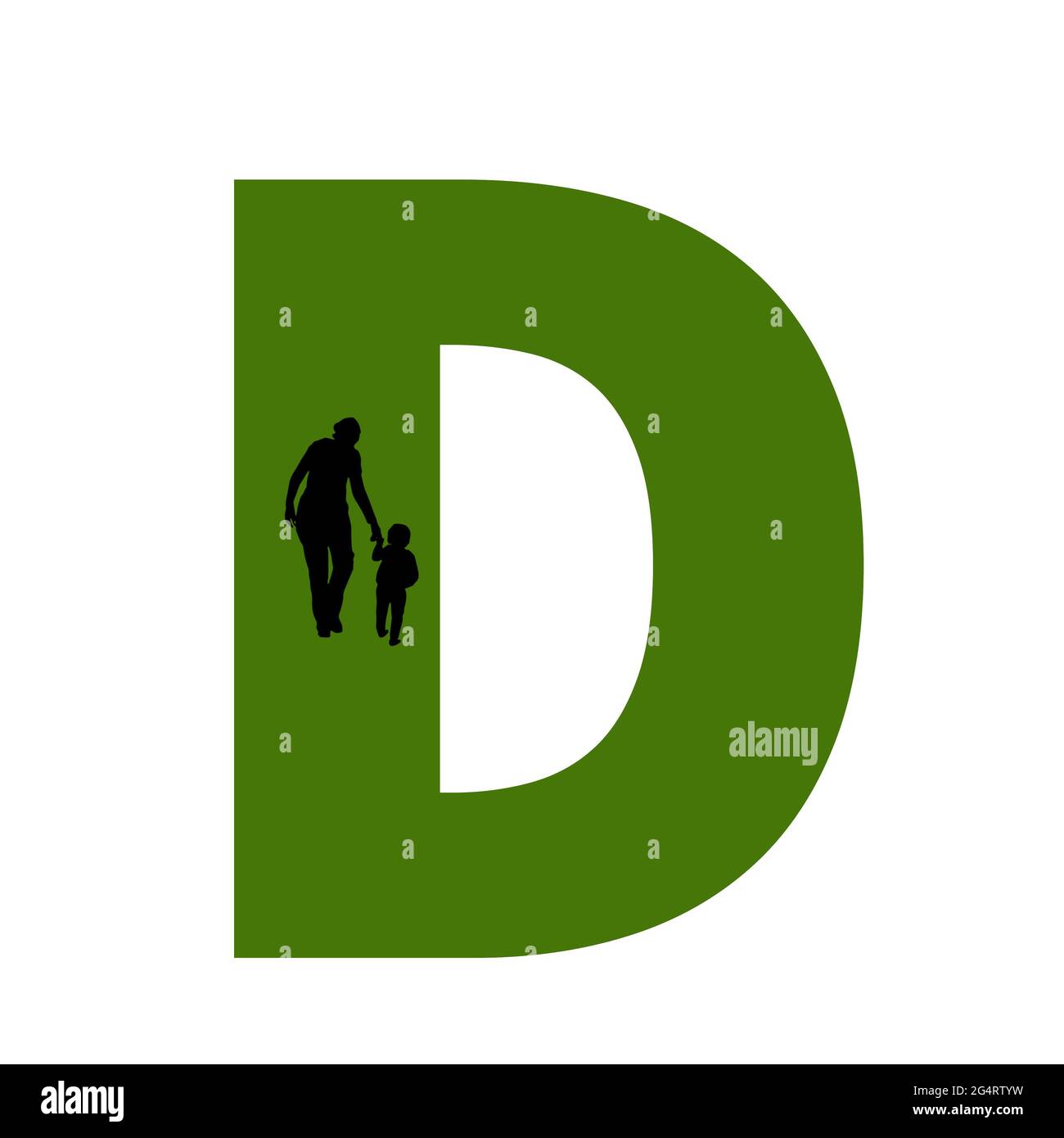 Lettre D de l'alphabet avec silhouette d'une mère et d'un enfant marchant, en vert et noir Banque D'Images
