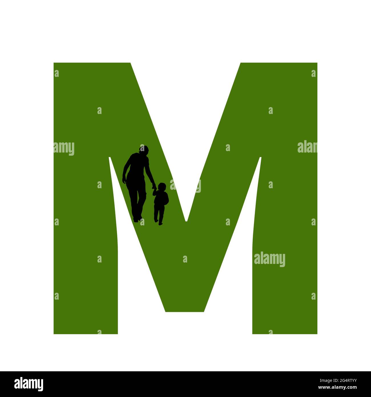 Lettre M de l'alphabet avec silhouette d'une mère et d'un enfant marchant, en vert et noir Banque D'Images