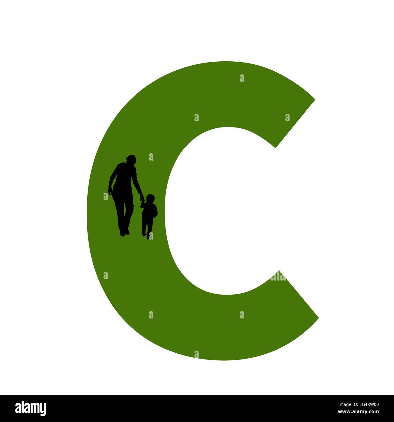 Lettre C de l'alphabet avec silhouette d'une mère et d'un enfant marchant, en vert et noir Banque D'Images