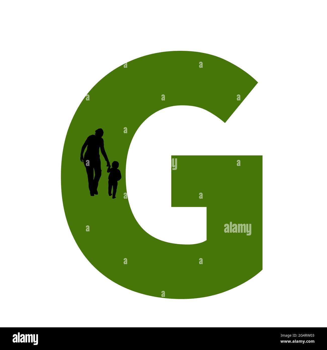 Lettre G de l'alphabet avec silhouette d'une mère et d'un enfant marchant, en vert et noir Banque D'Images
