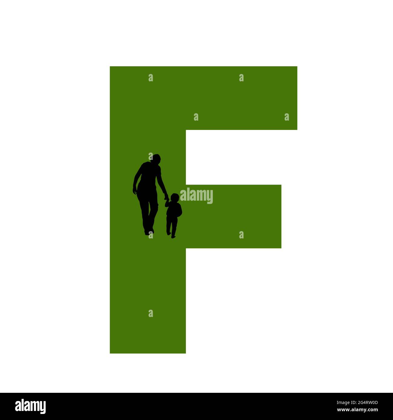 Lettre F de l'alphabet avec silhouette d'une mère et d'un enfant marchant, en vert et noir Banque D'Images