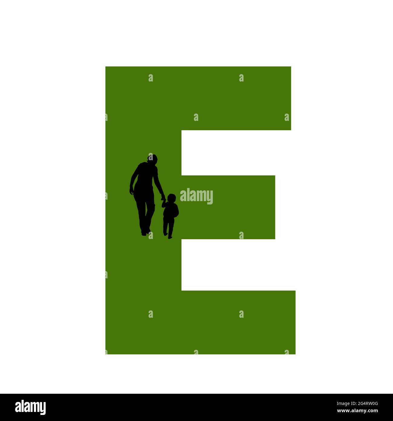 Lettre E de l'alphabet avec silhouette d'une mère et d'un enfant marchant, en vert et noir Banque D'Images