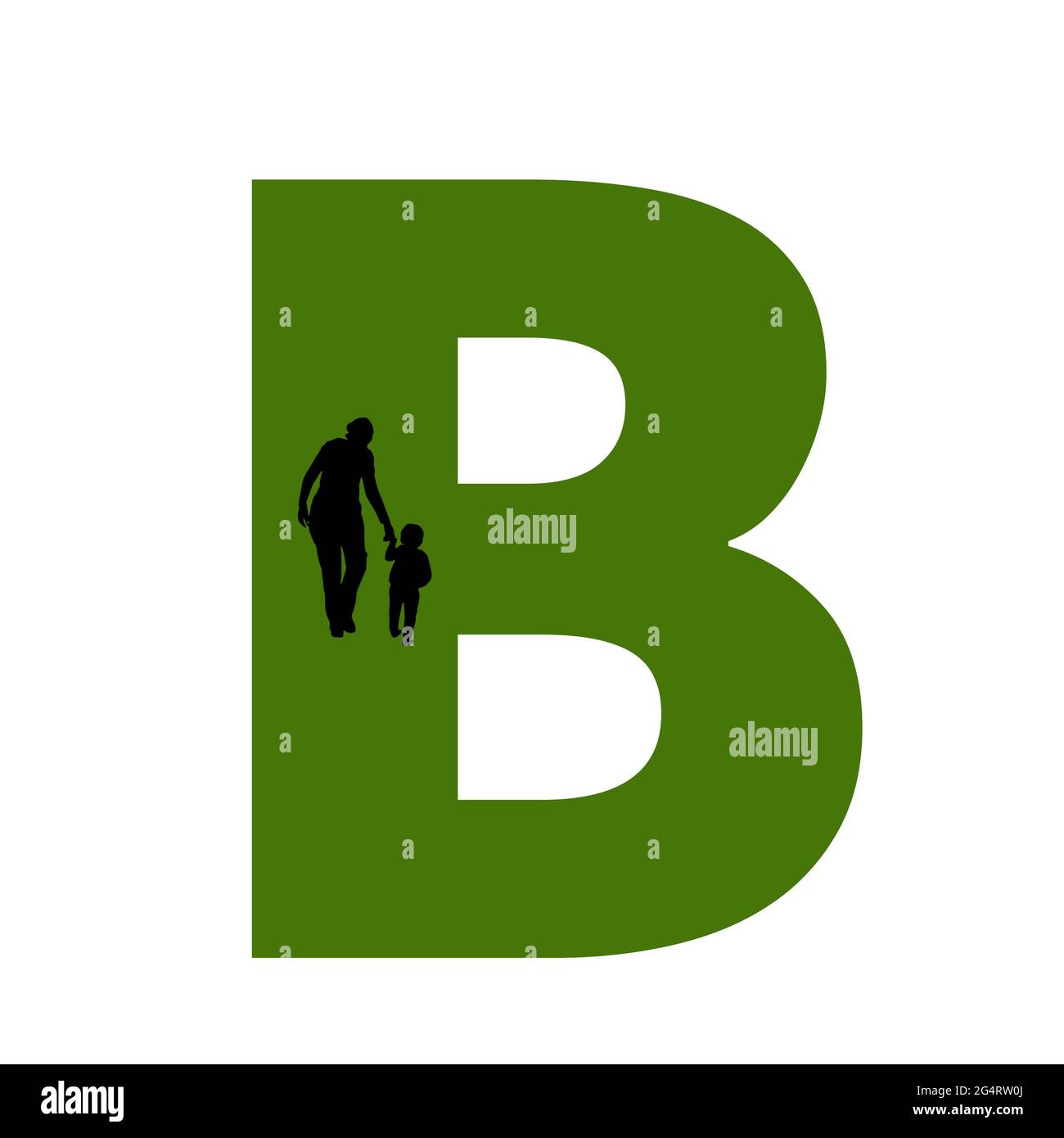 Lettre B de l'alphabet avec silhouette d'une mère et d'un enfant marchant, en vert et noir Banque D'Images