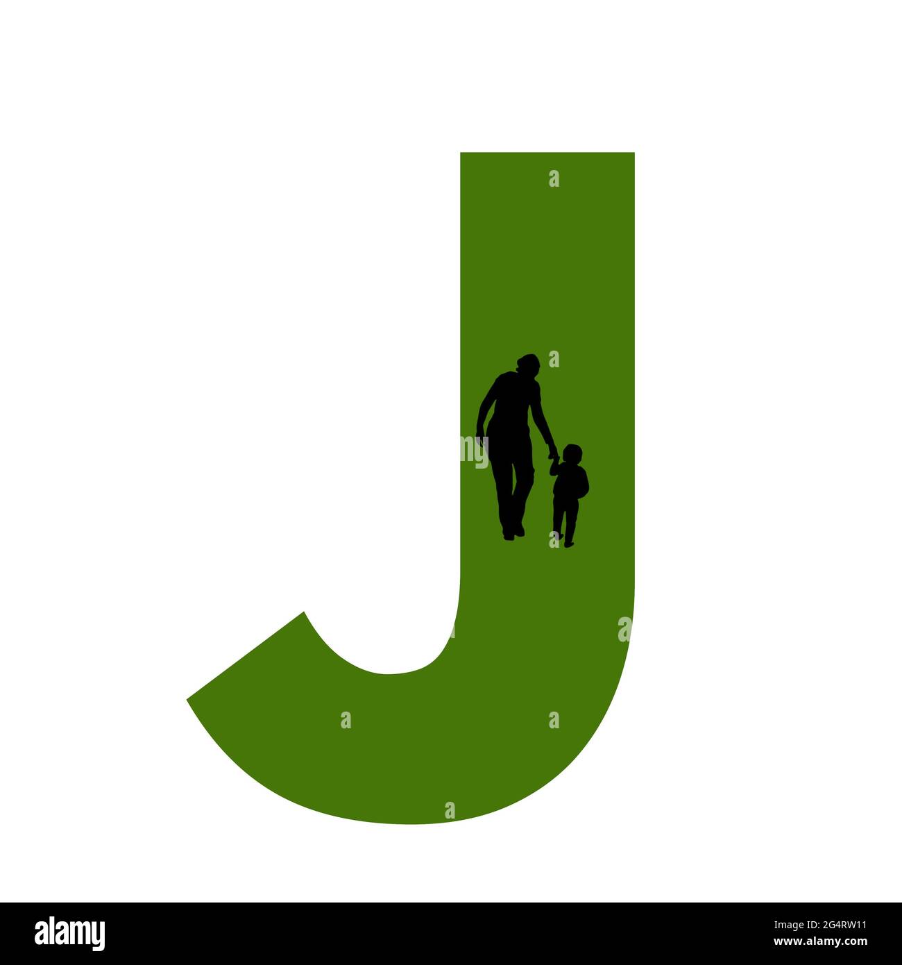 Lettre J de l'alphabet avec silhouette d'une mère et d'un enfant marchant, en vert et noir Banque D'Images