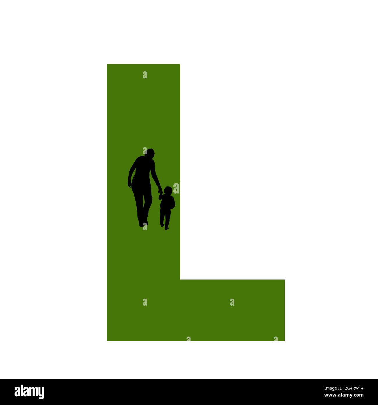 Lettre L de l'alphabet avec silhouette d'une mère et d'un enfant marchant, en vert et noir Banque D'Images