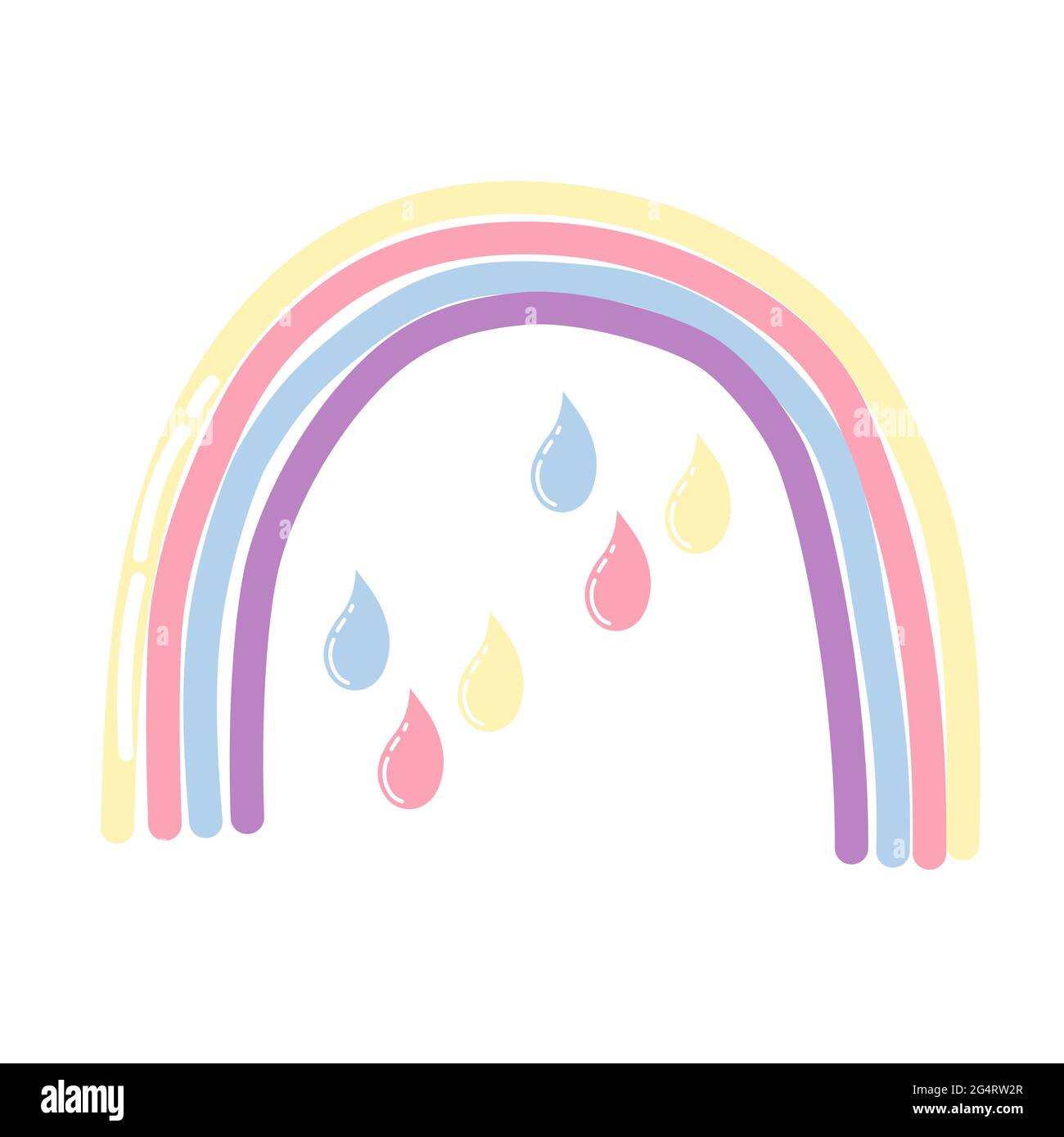 Arc-en-ciel de conte de fées avec raindrops multicolores dans un style plat sur un fond blanc. Imprimé pour enfants pour tous les motifs. Illustration vectorielle.Doodle Illustration de Vecteur