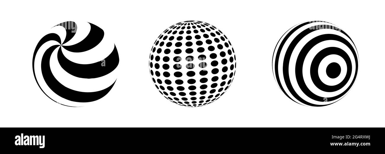 Ensemble de sphères rayées. Balles aux lignes noires et blanches. Illusion optique vectorielle. Illustration de Vecteur
