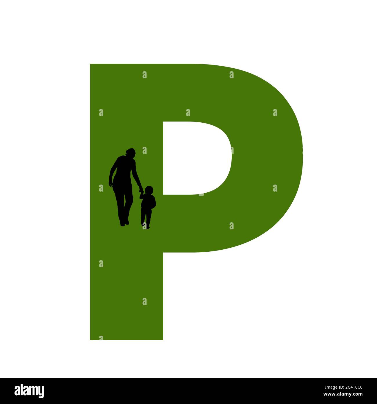 Lettre P de l'alphabet avec silhouette d'une mère et d'un enfant marchant, en vert et noir Banque D'Images