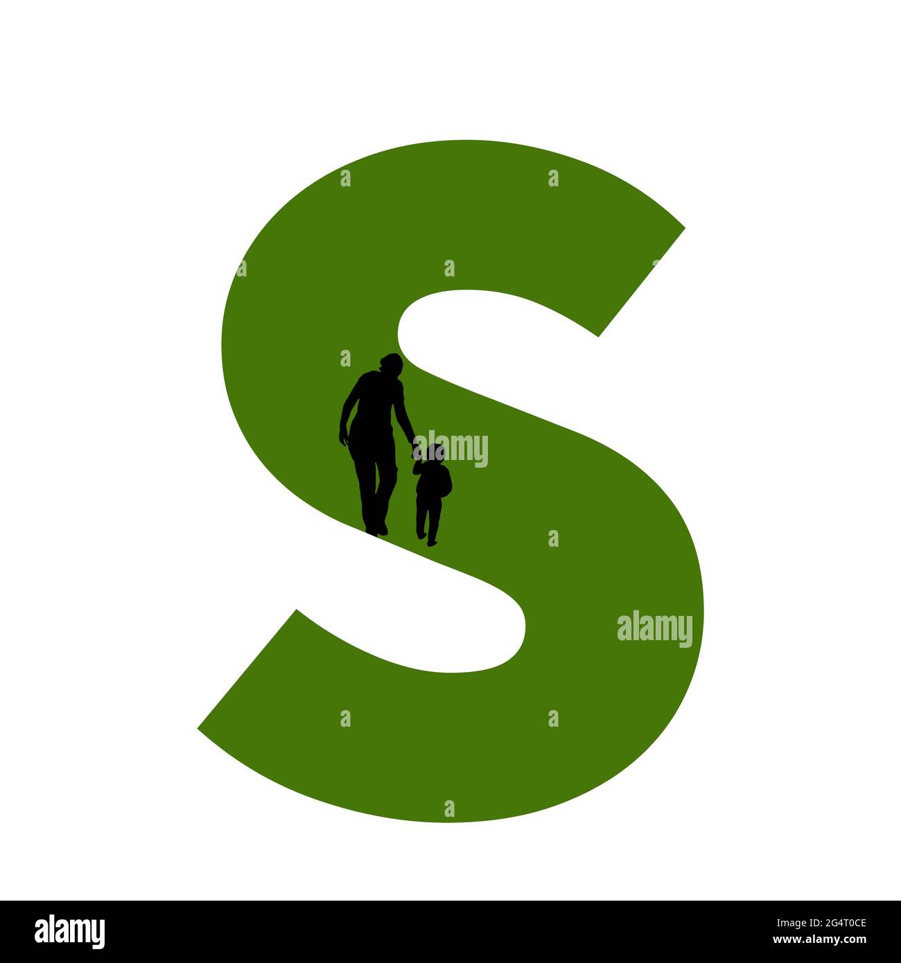 Lettre S de l'alphabet avec silhouette d'une mère et d'un enfant marchant, en vert et noir Banque D'Images