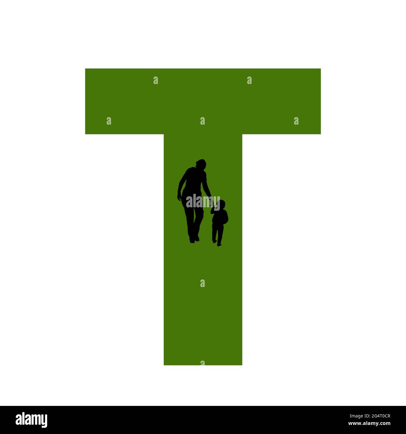 Lettre T de l'alphabet avec silhouette d'une mère et d'un enfant marchant, en vert et noir Banque D'Images