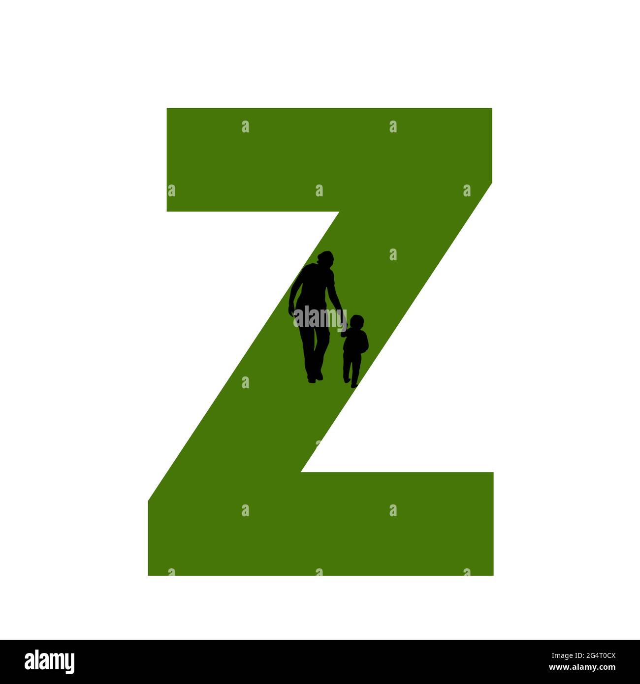 Lettre Z de l'alphabet avec silhouette d'une mère et d'un enfant marchant, en vert et noir Banque D'Images