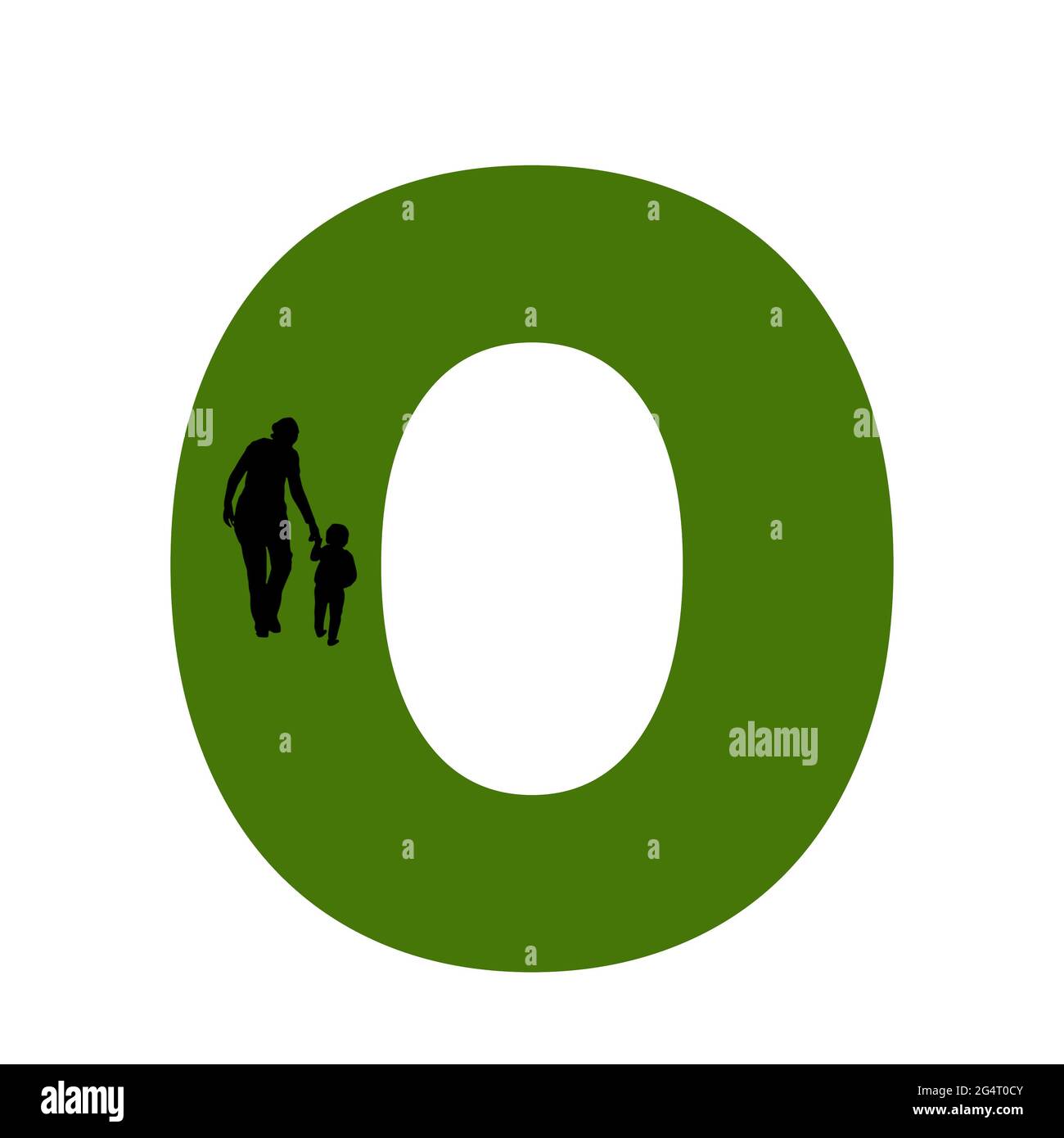 Lettre O de l'alphabet avec silhouette d'une mère et d'un enfant marchant, en vert et noir Banque D'Images