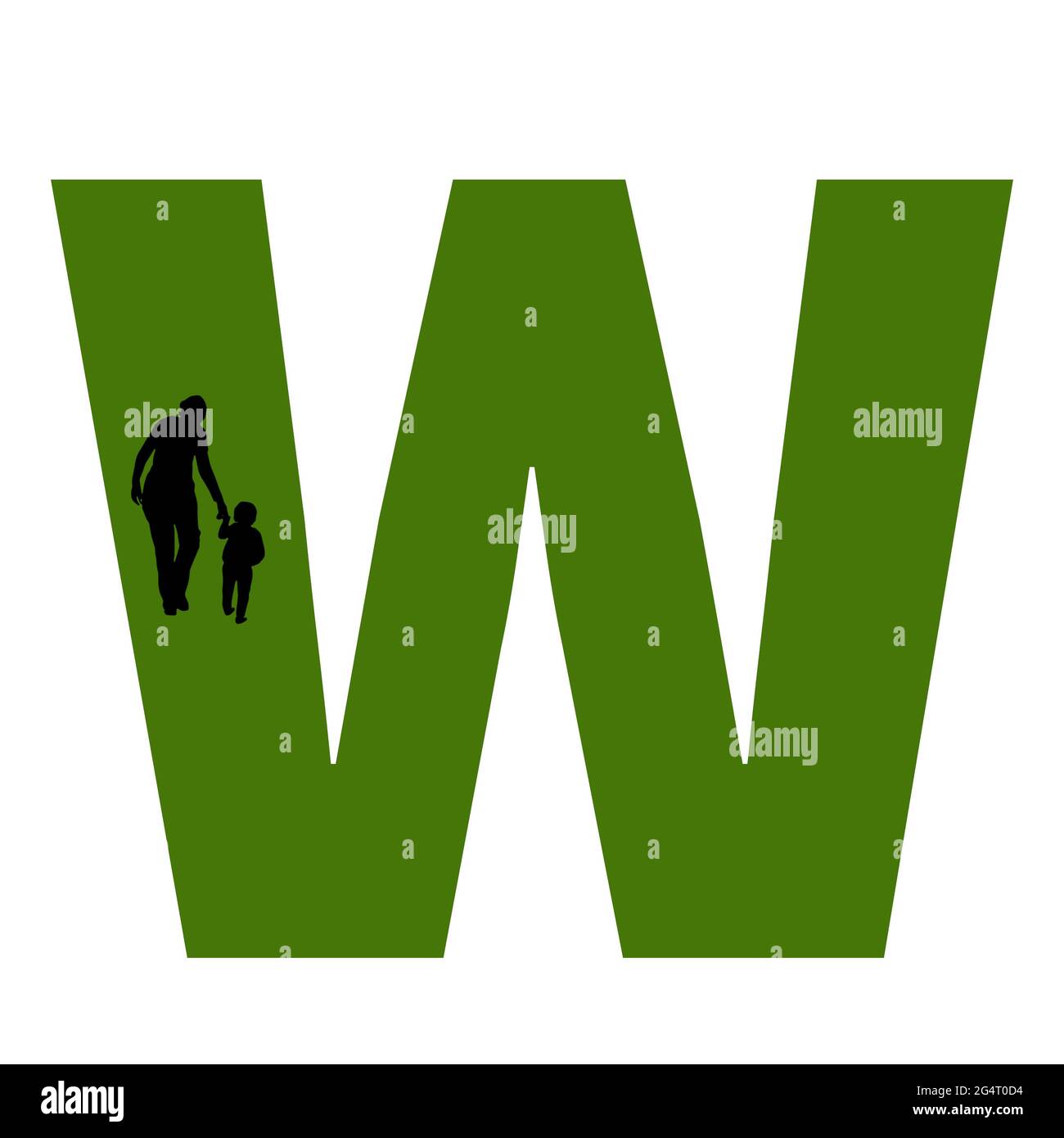Lettre W de l'alphabet avec silhouette d'une mère et d'un enfant marchant, en vert et noir Banque D'Images