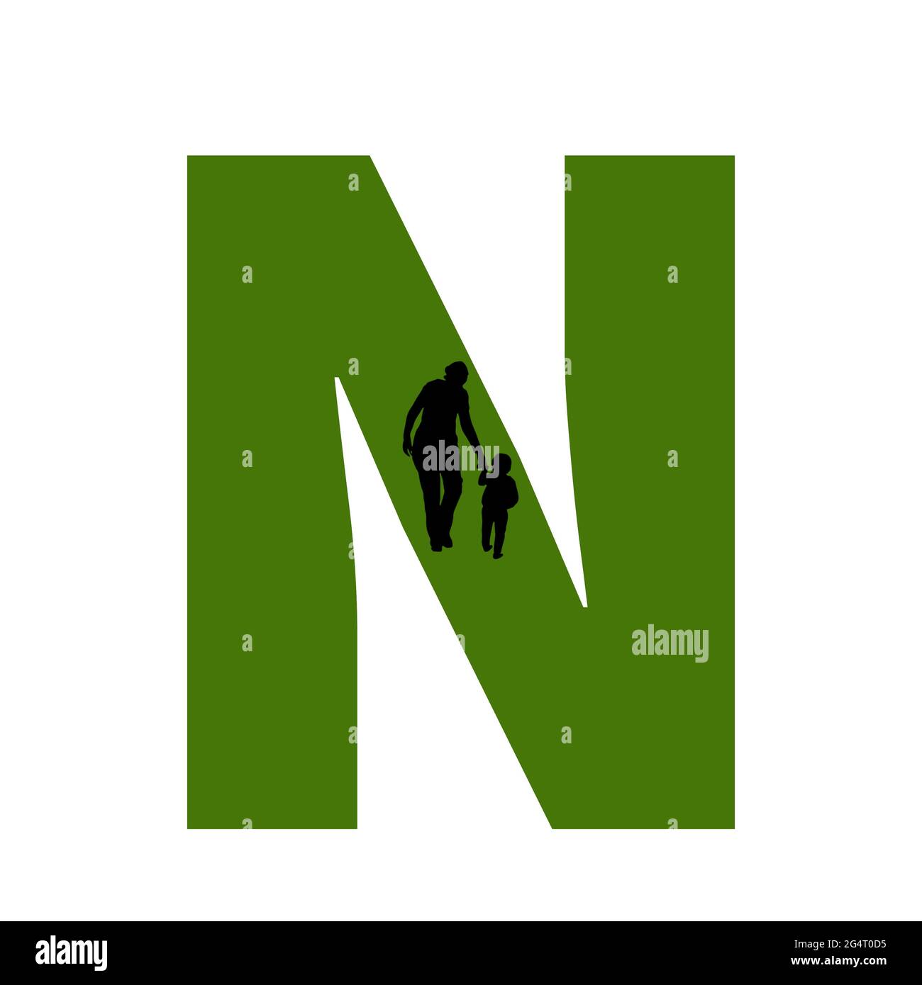 Lettre N de l'alphabet avec silhouette d'une mère et d'un enfant marchant, en vert et noir Banque D'Images