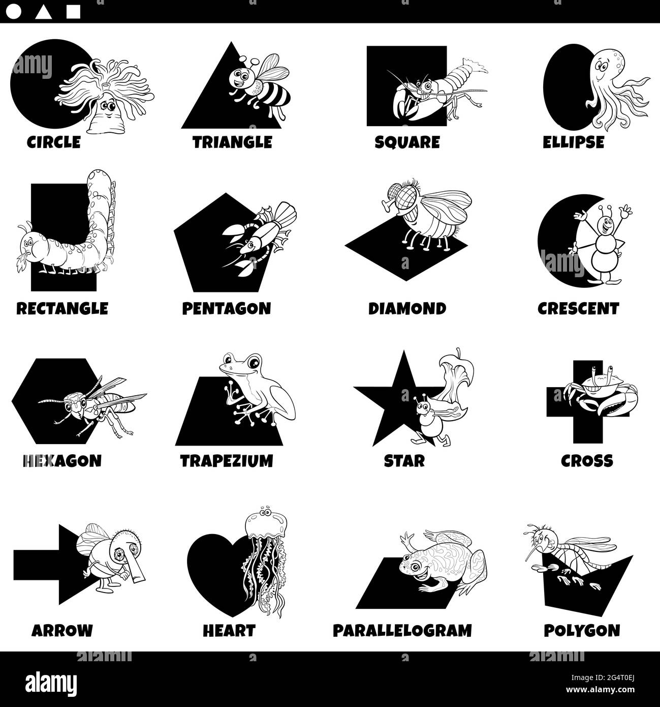 Dessin animé éducatif noir et blanc illustrant des formes géométriques de base avec légendes et personnages animaux pour enfants d'âge préscolaire et primaire Illustration de Vecteur