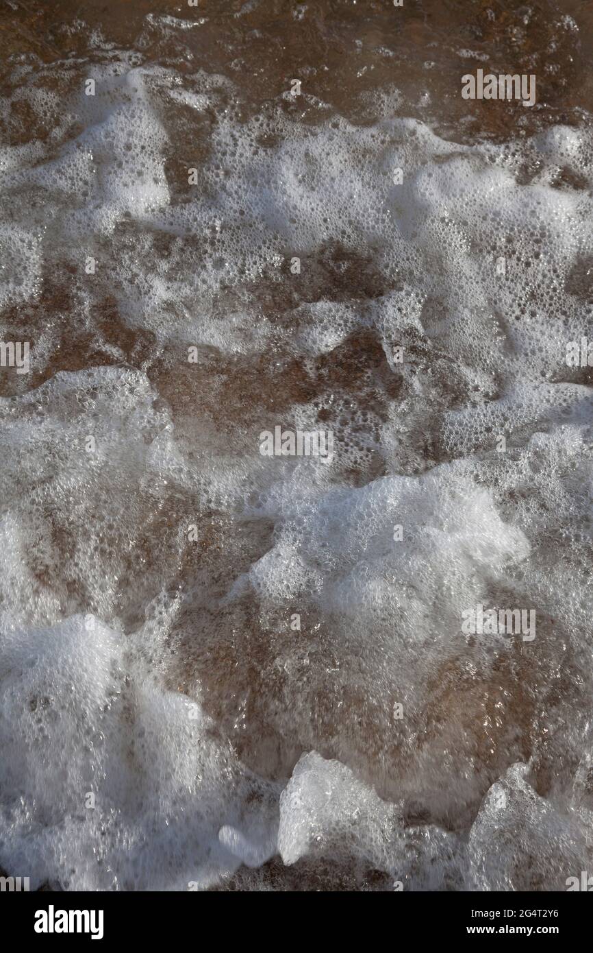 Gros plan de petites vagues se brisant sur la plage, créant des bulles et de la mousse Banque D'Images