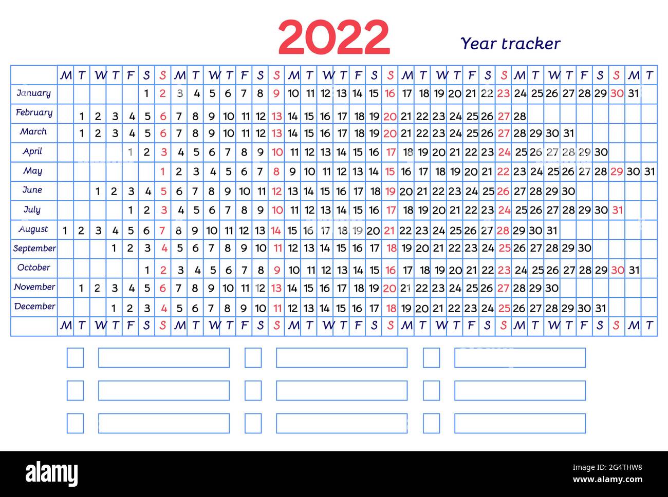 Grille de suivi de l'humeur et des habitudes du calendrier 2022 ans. Motif vectoriel avec ligne bleue et dimanche rouge. Modèle de table sur fond blanc pour l'organisation et Illustration de Vecteur