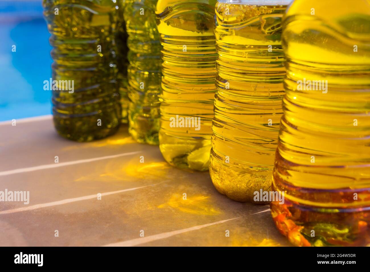 gros plan d'huiles d'olive naturelles faites à la main enrichies d'herbes méditerranéennes, de piment et d'ail Banque D'Images