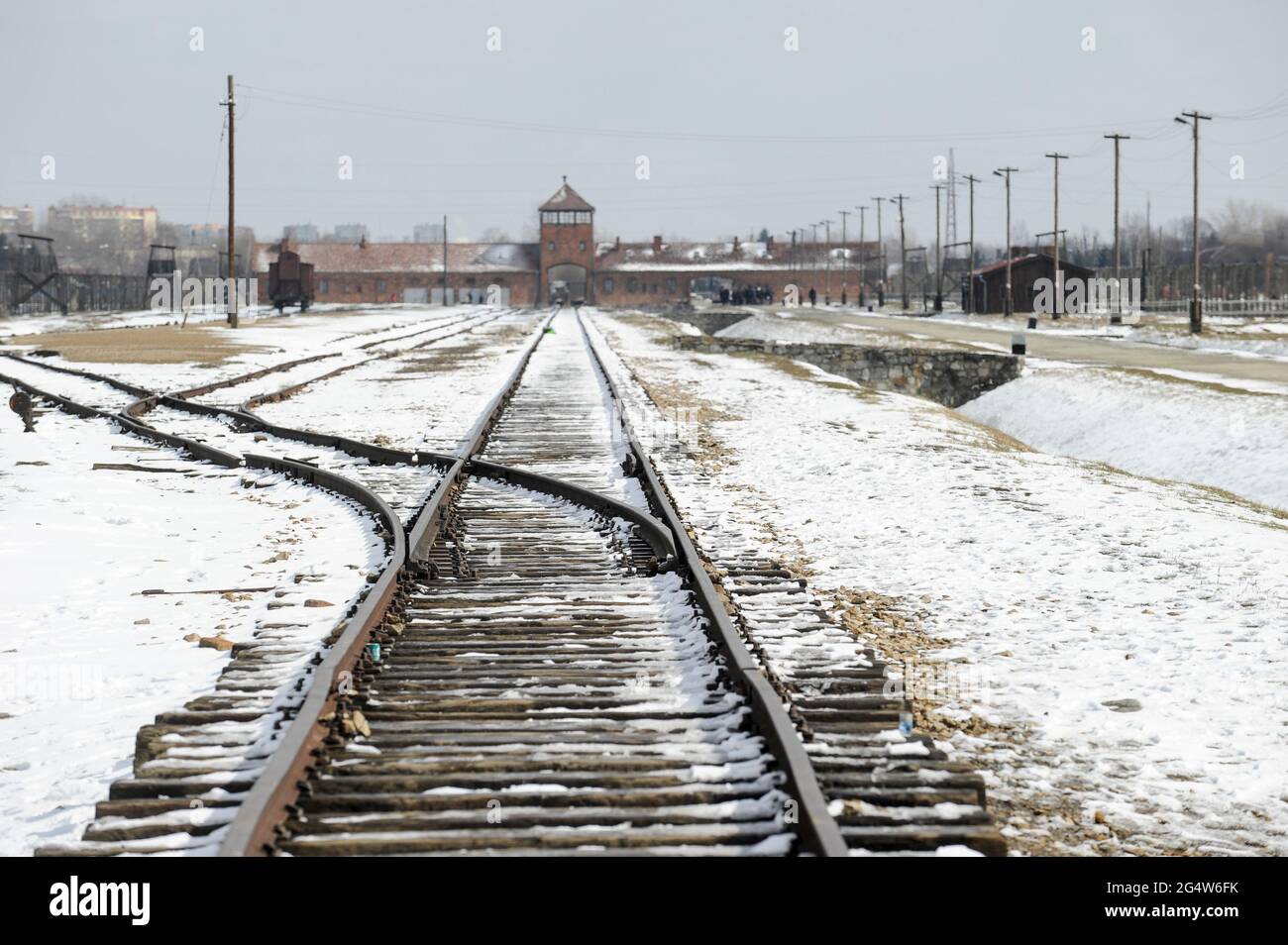 POLOGNE , Oswiecim, Auschwitz-Birkenau, camp de concentration du régime nazi allemand, où 1 million de juifs ont été assassinés par SS (1940-1945) , voie de chemin de fer pour le transport des juifs de toute l'europe vers les chambres à gaz Banque D'Images