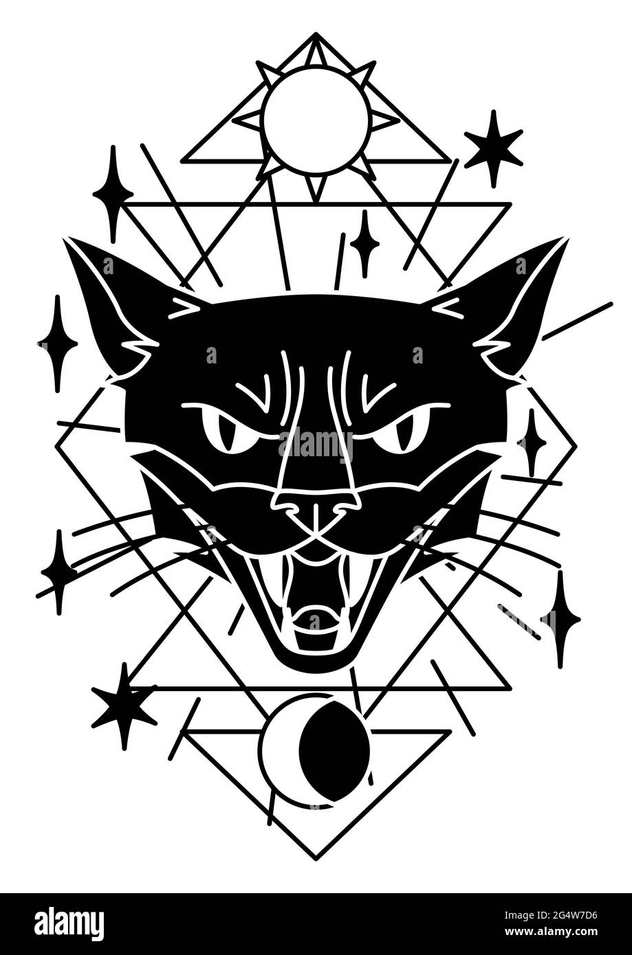 Illustration magique avec chat. Mystic, alchimie, spiritualité et art du tatouage Illustration de Vecteur