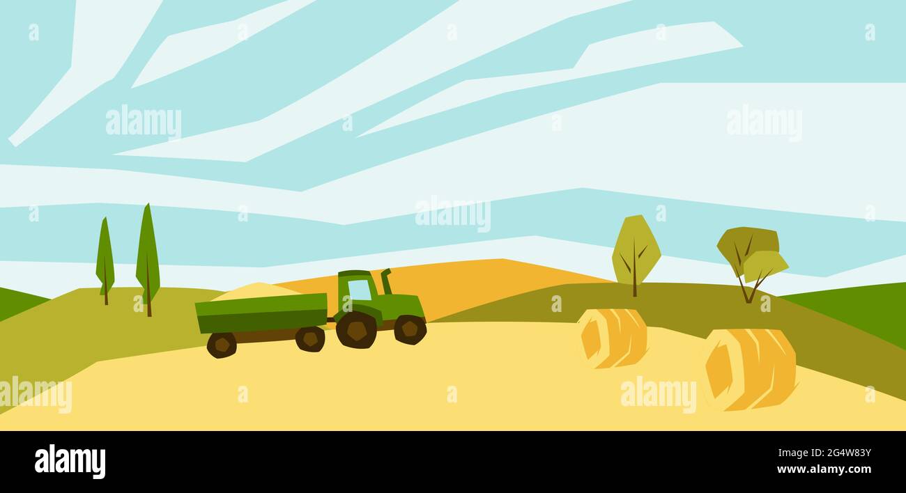 Illustration du champ agricole récolté. Paysage d'automne avec arbres et collines. Illustration de Vecteur